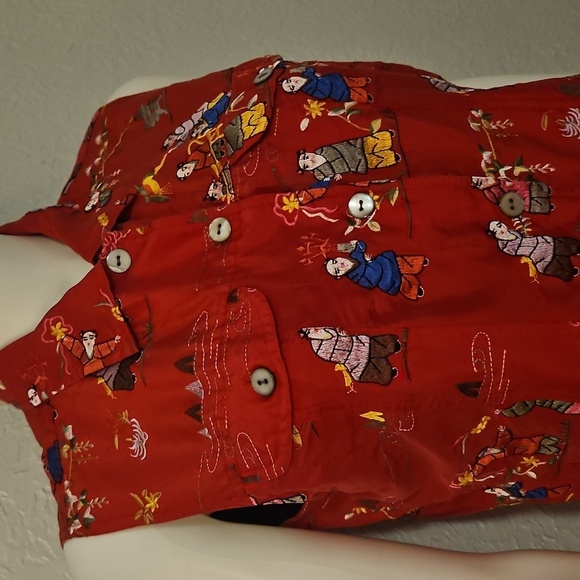 CHICO'S Red Asian Men Embroidered Sleeveless Button Down Silk Shirt - Picture 4 of 7